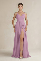 Ruched A - Line Chiffon Bridesmaid Dress with Slit in Wisteria - KissProm Bridesmaid Dresses