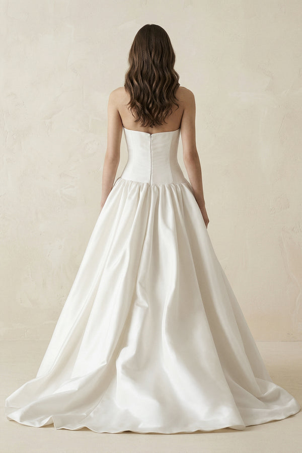 Ruched A - Line Strapless Satin Wedding Dress in White - KissProm Wedding Dresses