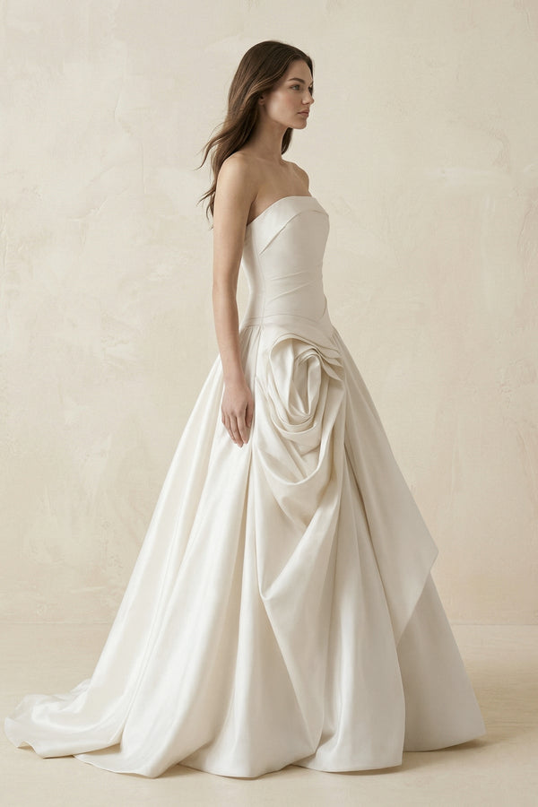 Ruched A - Line Strapless Satin Wedding Dress in White - KissProm Wedding Dresses