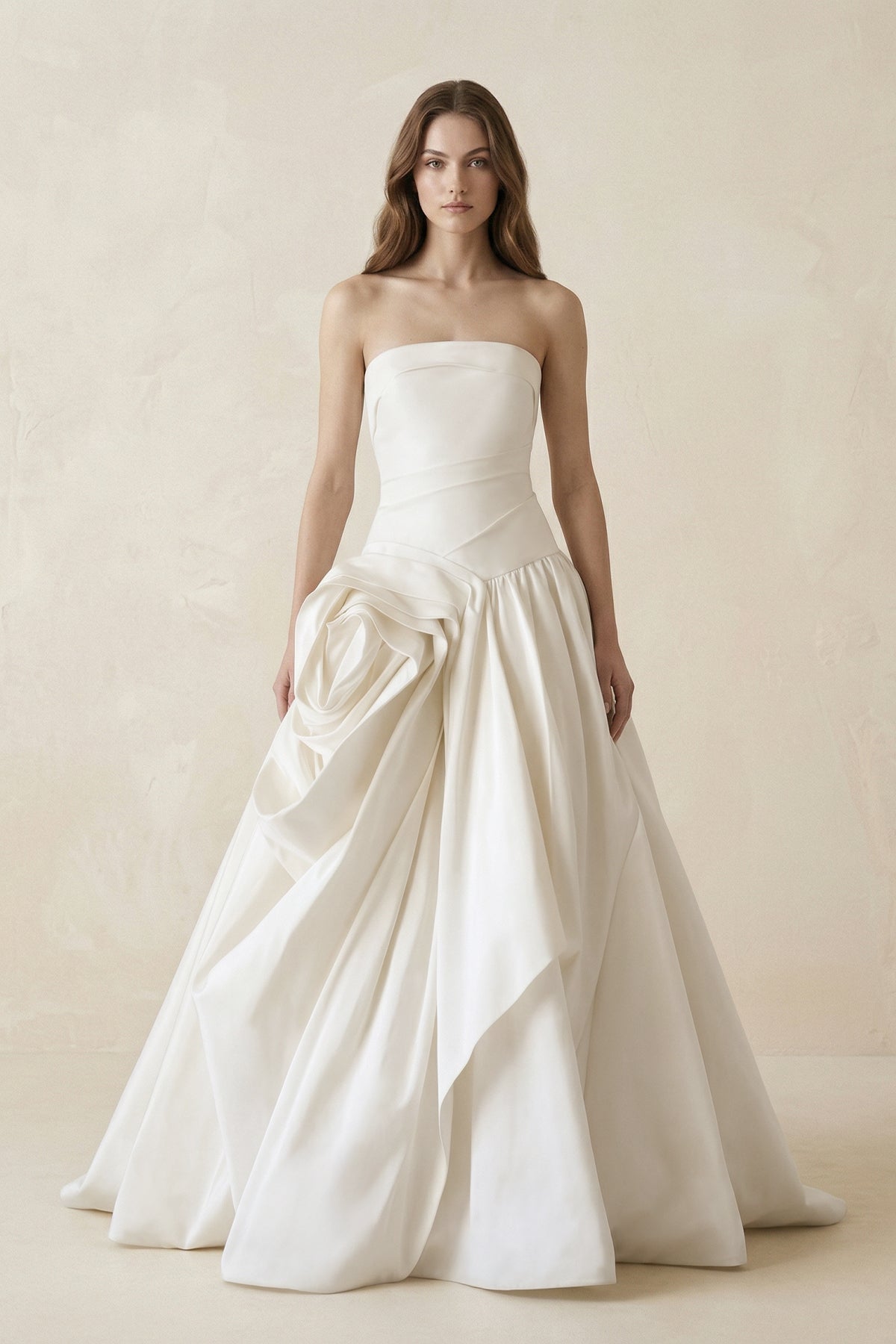 KissProm Ruched A-Line Strapless Satin Wedding Dress in White, White / 10