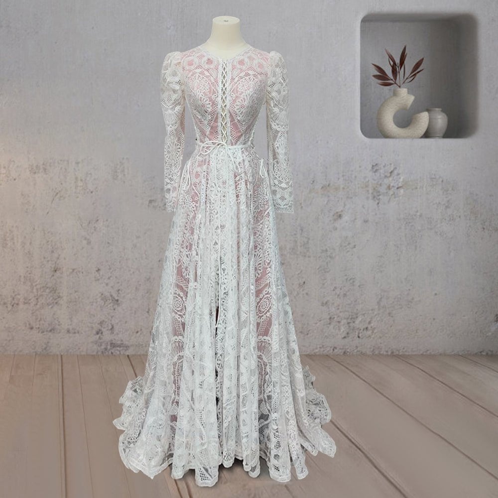 Ruched Bohemian Lace Round Neck Wedding Dress