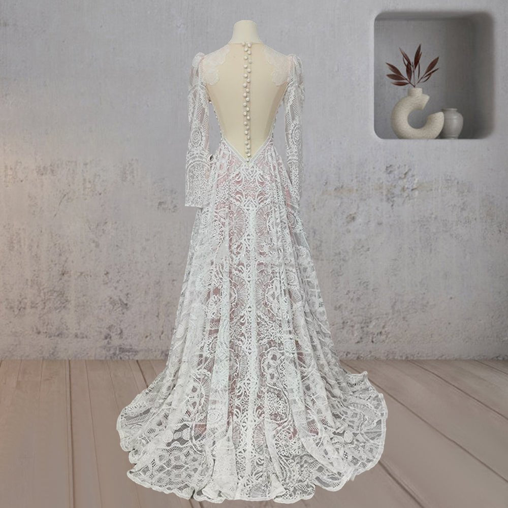 Ruched Bohemian Lace Round Neck Wedding Dress