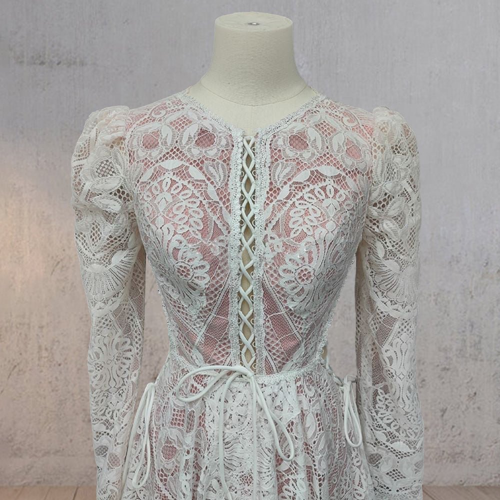 Ruched Bohemian Lace Round Neck Wedding Dress