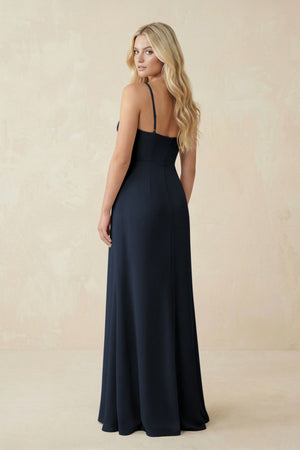 Ruched Sheath Spaghetti Strap Chiffon Bridesmaid Dress in Dark Navy - KissProm BRIDESMAID DRESSES
