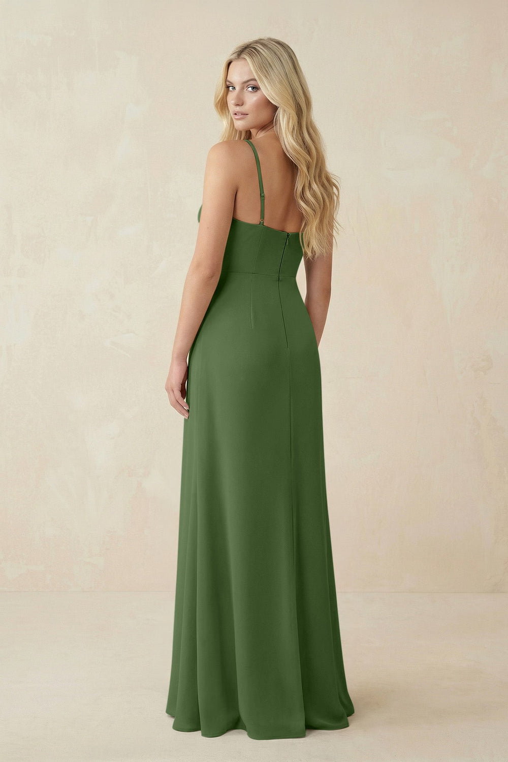 Ruched Sheath Spaghetti Strap Chiffon Bridesmaid Dress in Moss - KissProm BRIDESMAID DRESSES