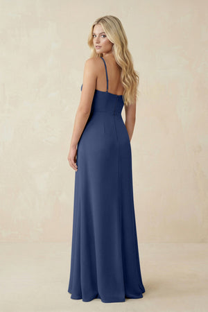 Ruched Sheath Spaghetti Strap Chiffon Bridesmaid Dress in Navy - KissProm BRIDESMAID DRESSES