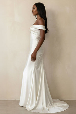 Ruched Off - the - Shoulder Satin Mermaid Wedding Dress in Ivory - KissProm Wedding Dresses