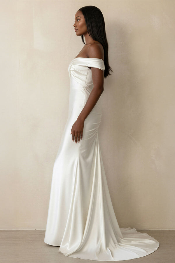 Ruched Off - the - Shoulder Satin Mermaid Wedding Dress in Ivory - KissProm Wedding Dresses