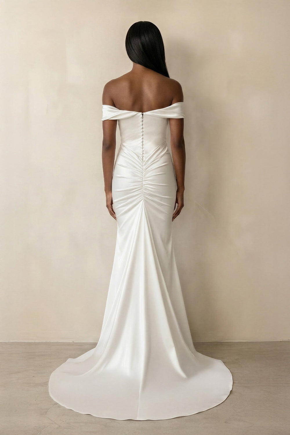 Ruched Off - the - Shoulder Satin Mermaid Wedding Dress in Ivory - KissProm Wedding Dresses