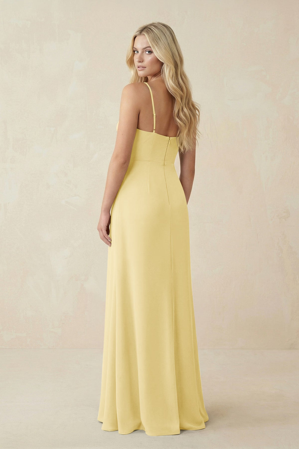 Ruched Sheath Spaghetti Strap Chiffon Bridesmaid Dress in Pastel Yello in Pastel Yellow - KissProm BRIDESMAID DRESSES