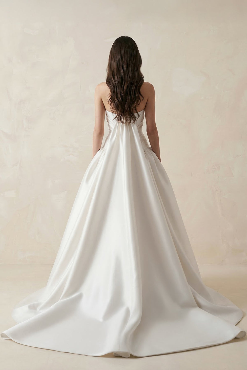 Ruched Satin Strapless Ball Gown Wedding Dress in White - KissProm Wedding Dresses