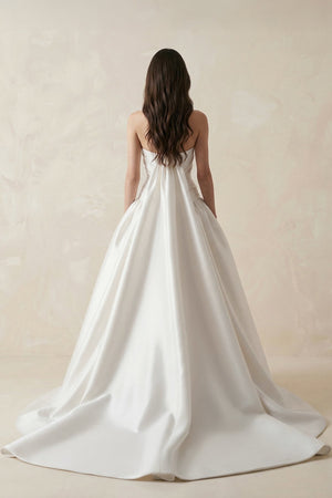 Ruched Satin Strapless Ball Gown Wedding Dress in White - KissProm Wedding Dresses