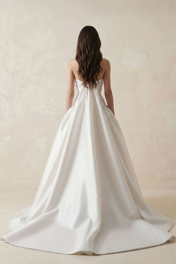 Ruched Satin Strapless Ball Gown Wedding Dress in White - KissProm Wedding Dresses