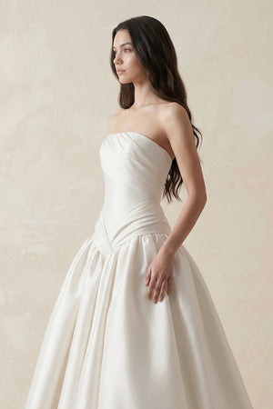Ruched Satin Strapless Ball Gown Wedding Dress in White - KissProm Wedding Dresses