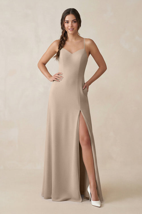 Ruched Sheath Chiffon Bridesmaid Dress in Almond - KissProm BRIDESMAID DRESSES