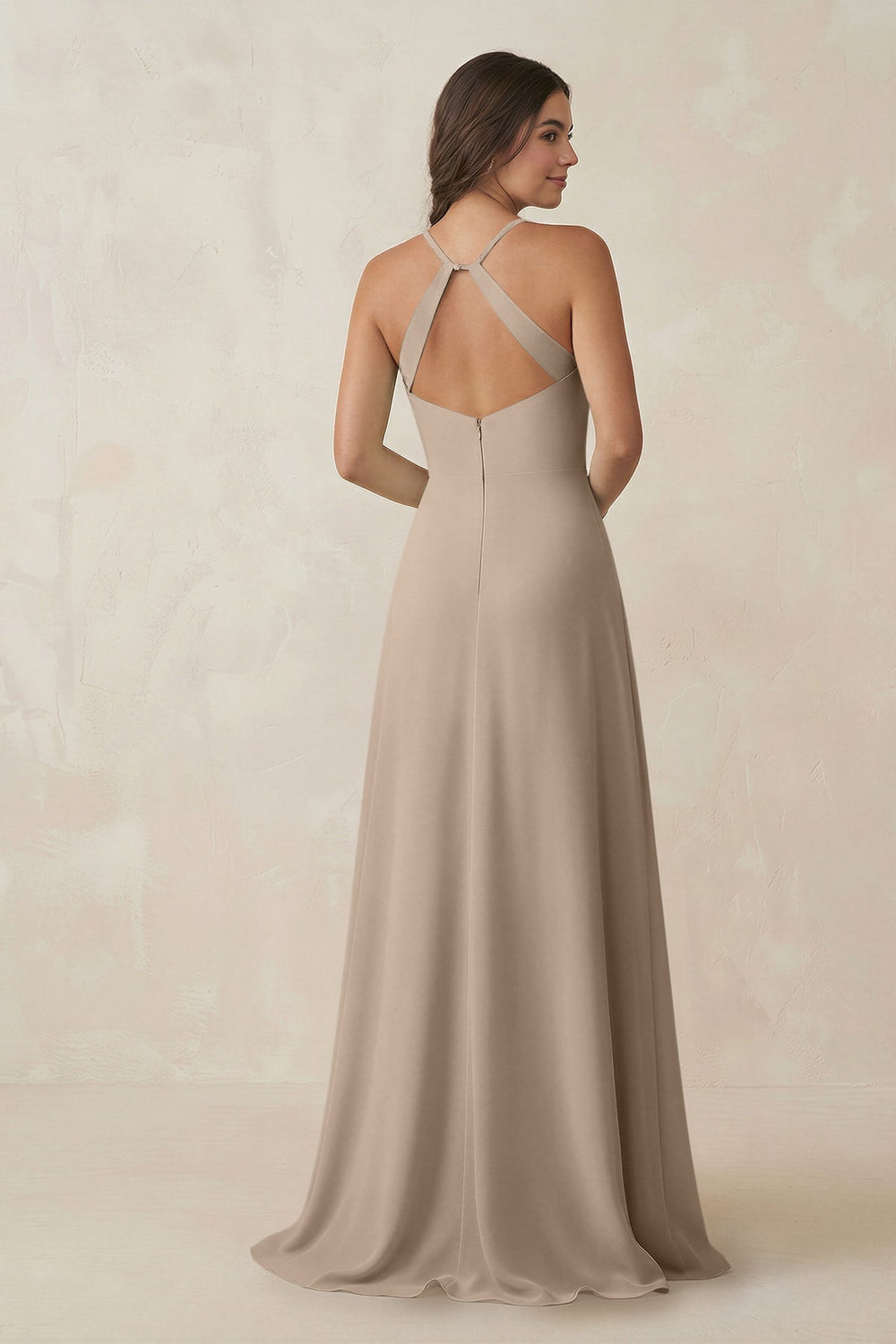 Ruched Sheath Chiffon Bridesmaid Dress in Almond - KissProm BRIDESMAID DRESSES
