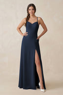 Ruched Sheath Chiffon Bridesmaid Dress in Dark Navy - KissProm BRIDESMAID DRESSES