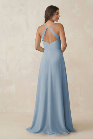 Ruched Sheath Chiffon Bridesmaid Dress in Dusty Blue - KissProm BRIDESMAID DRESSES