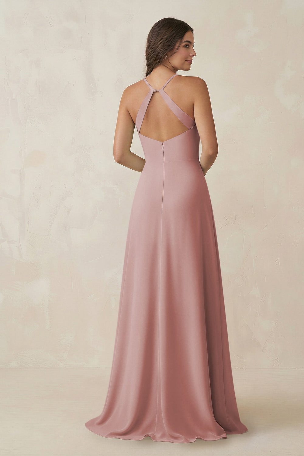 Ruched Sheath Chiffon Bridesmaid Dress in Dusty Rose - KissProm BRIDESMAID DRESSES