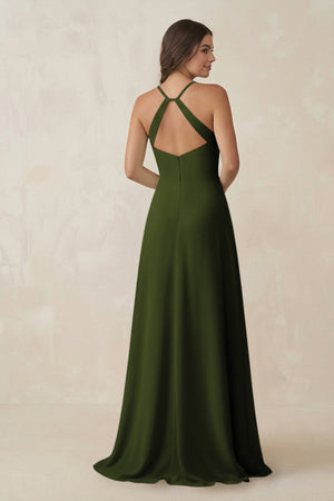 Ruched Sheath Chiffon Bridesmaid Dress in Olive - KissProm BRIDESMAID DRESSES
