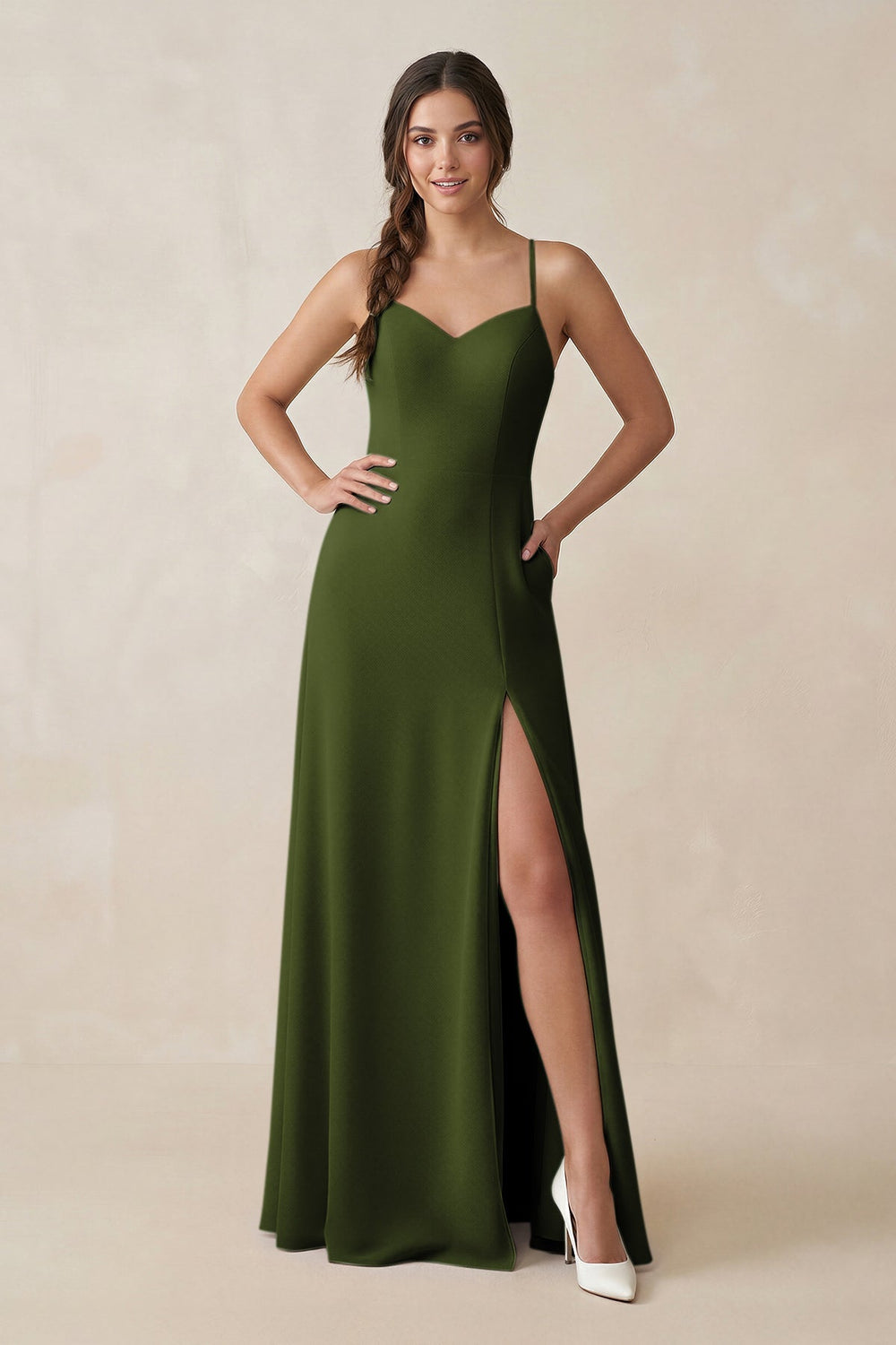 Ruched Sheath Chiffon Bridesmaid Dress in Olive - KissProm BRIDESMAID DRESSES