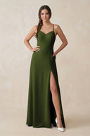 Ruched Sheath Chiffon Bridesmaid Dress in Olive - KissProm BRIDESMAID DRESSES