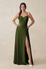Ruched Sheath Chiffon Bridesmaid Dress in Olive - KissProm BRIDESMAID DRESSES