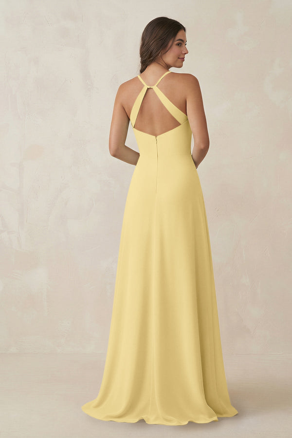Ruched Sheath Chiffon Bridesmaid Dress in Pastel Yellow - KissProm BRIDESMAID DRESSES