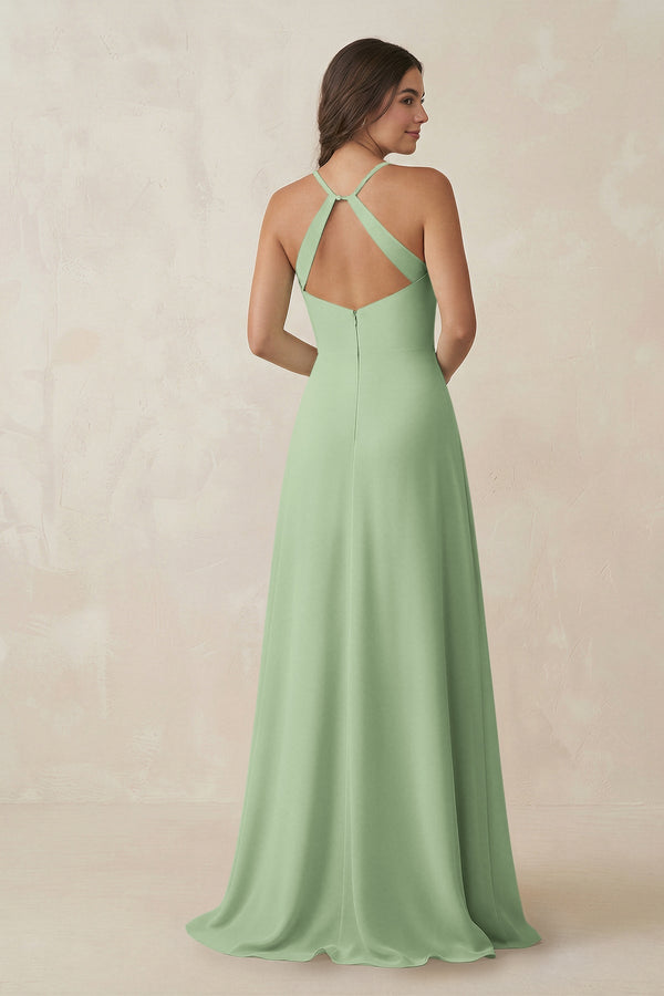 Ruched Sheath Chiffon Bridesmaid Dress in Sage - KissProm BRIDESMAID DRESSES
