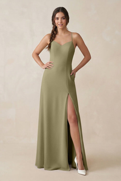 Ruched Sheath Chiffon Bridesmaid Dress in Thyme - KissProm BRIDESMAID DRESSES