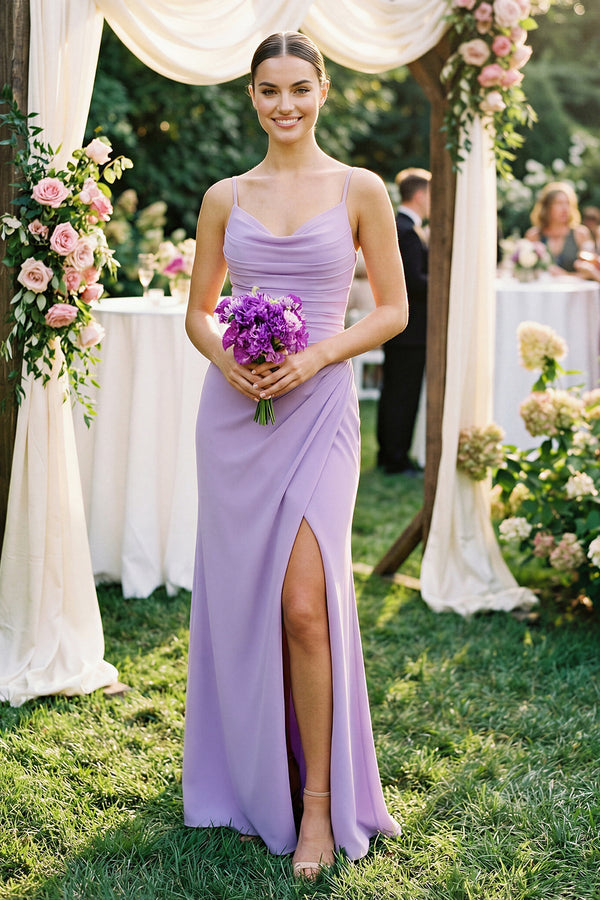 Ruched Sheath Spaghetti Strap Chiffon Bridesmaid Dress in Lavender, Lavender / 26
