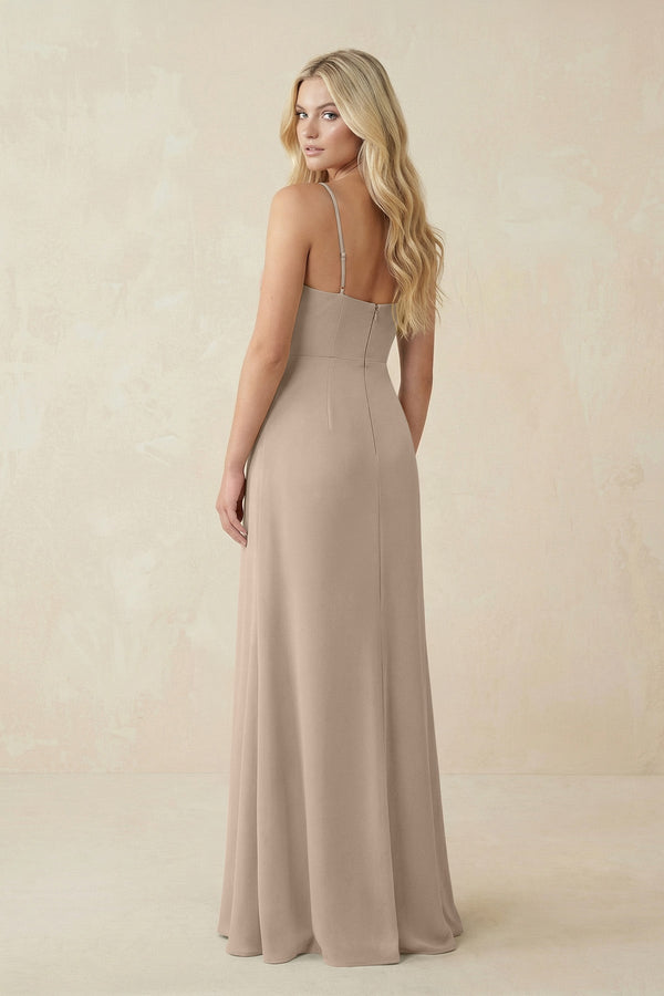 Ruched Sheath Spaghetti Strap Chiffon Bridesmaid Dress in Almond - KissProm BRIDESMAID DRESSES