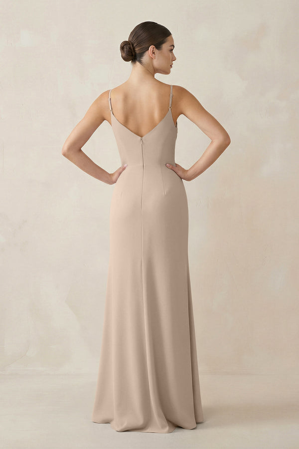Ruched Sheath Spaghetti Strap Chiffon Bridesmaid Dress in Almond - KissProm Bridesmaid Dresses