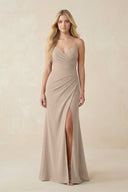 Ruched Sheath Spaghetti Strap Chiffon Bridesmaid Dress in Almond - KissProm BRIDESMAID DRESSES
