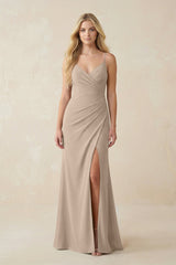 Ruched Sheath Spaghetti Strap Chiffon Bridesmaid Dress in Almond - KissProm BRIDESMAID DRESSES