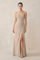 Ruched Sheath Spaghetti Strap Chiffon Bridesmaid Dress in Almond - KissProm Bridesmaid Dresses