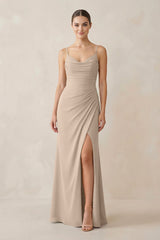 Ruched Sheath Spaghetti Strap Chiffon Bridesmaid Dress in Almond - KissProm Bridesmaid Dresses