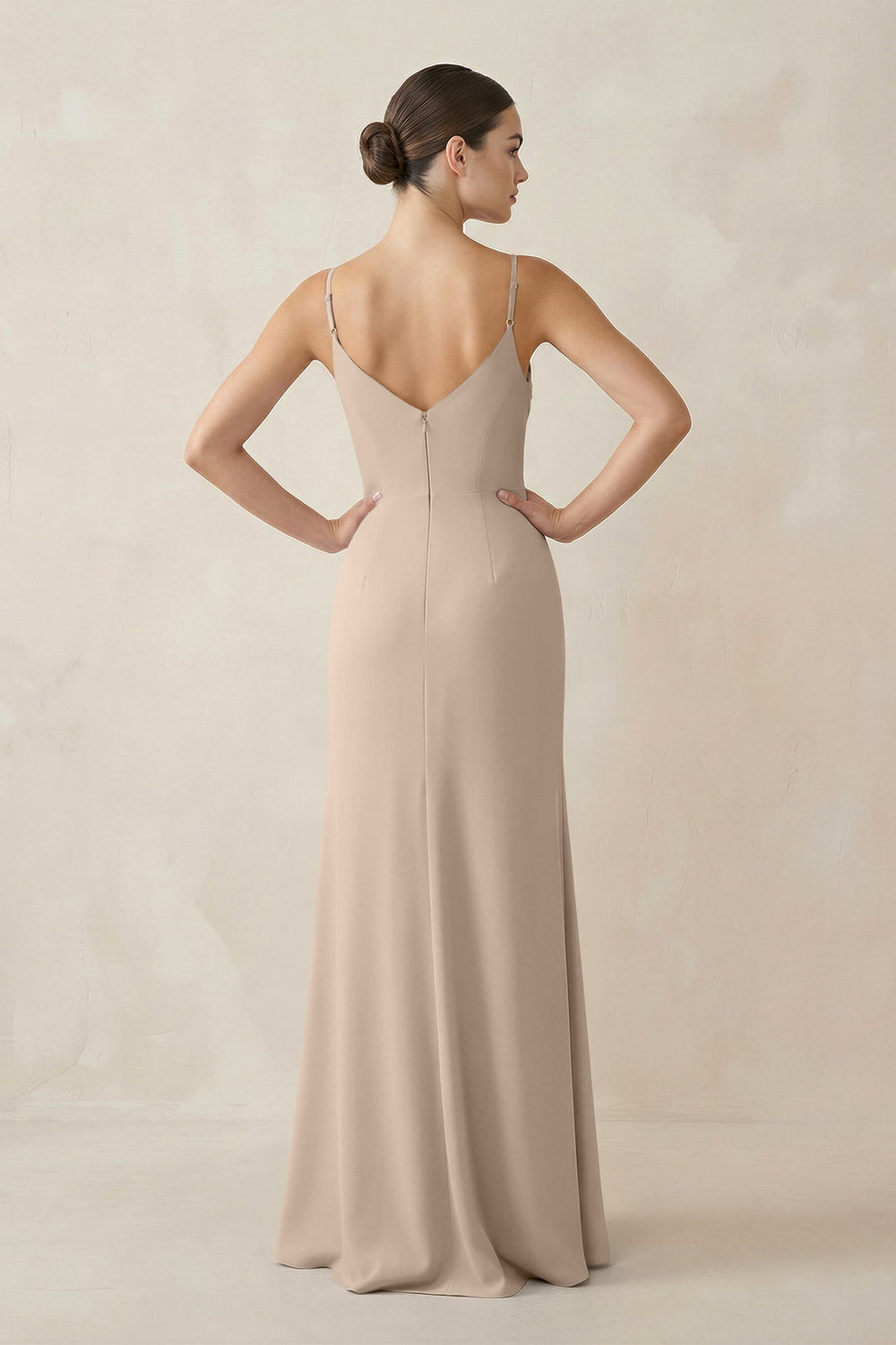 Ruched Sheath Spaghetti Strap Chiffon Bridesmaid Dress in Almond - KissProm Bridesmaid Dresses