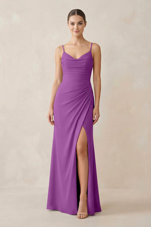 Ruched Sheath Spaghetti Strap Chiffon Bridesmaid Dress in Amethyst - KissProm Bridesmaid Dresses