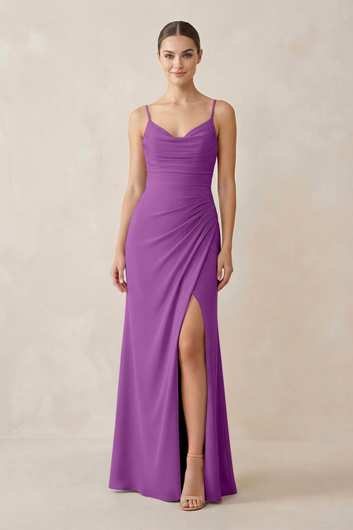 Ruched Sheath Spaghetti Strap Chiffon Bridesmaid Dress in Amethyst - KissProm Bridesmaid Dresses