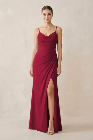 Ruched Sheath Spaghetti Strap Chiffon Bridesmaid Dress in Berry - KissProm Bridesmaid Dresses