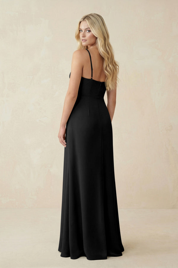Ruched Sheath Spaghetti Strap Chiffon Bridesmaid Dress in Black - KissProm BRIDESMAID DRESSES