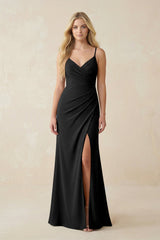 Ruched Sheath Spaghetti Strap Chiffon Bridesmaid Dress in Black - KissProm BRIDESMAID DRESSES