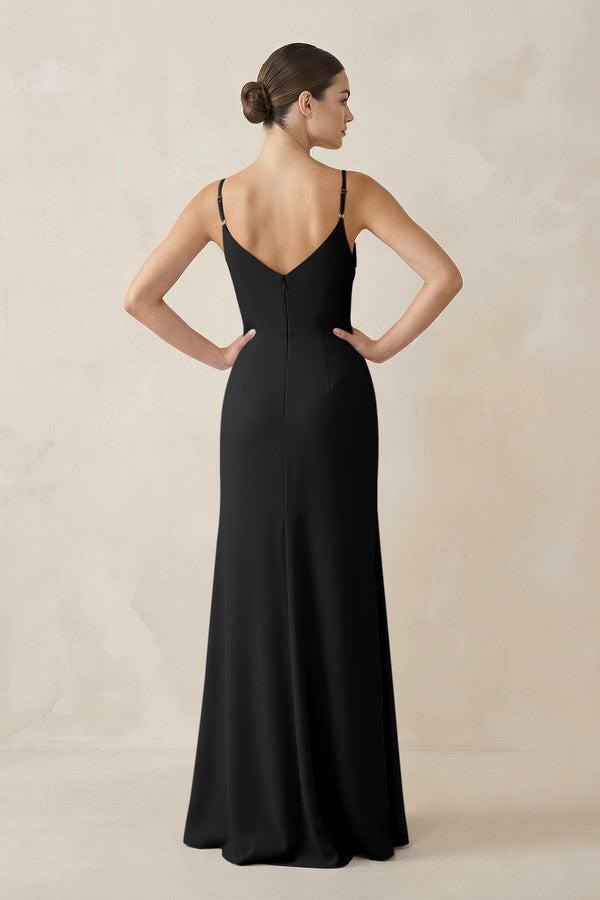 Ruched Sheath Spaghetti Strap Chiffon Bridesmaid Dress in Black - KissProm Bridesmaid Dresses
