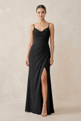 Ruched Sheath Spaghetti Strap Chiffon Bridesmaid Dress in Black - KissProm Bridesmaid Dresses
