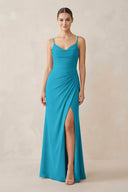 Ruched Sheath Spaghetti Strap Chiffon Bridesmaid Dress in Blue Jay - KissProm Bridesmaid Dresses