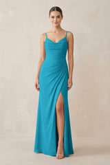 Ruched Sheath Spaghetti Strap Chiffon Bridesmaid Dress in Blue Jay - KissProm Bridesmaid Dresses