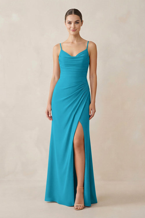 Ruched Sheath Spaghetti Strap Chiffon Bridesmaid Dress in Blue Jay - KissProm Bridesmaid Dresses