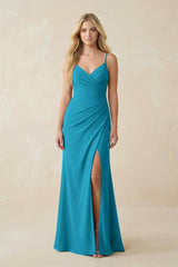 Ruched Sheath Spaghetti Strap Chiffon Bridesmaid Dress in Blue Jay - KissProm BRIDESMAID DRESSES