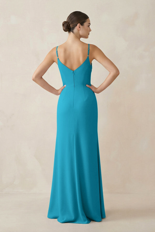 Ruched Sheath Spaghetti Strap Chiffon Bridesmaid Dress in Blue Jay - KissProm Bridesmaid Dresses